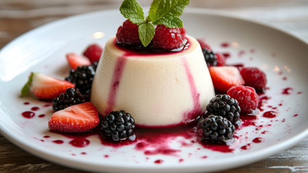 Delicious and Creamy Vanilla Panna Cotta Dessert with Berry Coulis and Fresh Summer Fruits on Tableの素材