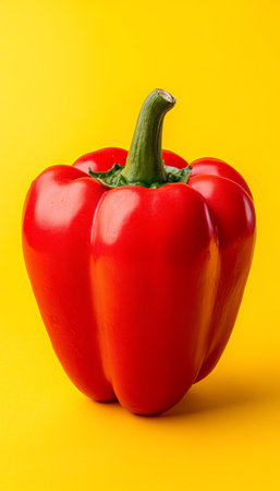 Bright Red Bell Pepper with Green Stem on Vibrant Canary Yellow Background for Contrastの素材
