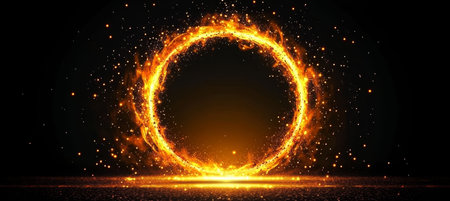 A Mesmerizing Fiery Portal to Another Dimension, Bursting with Flames, Sparks, and Magical Glittersの素材