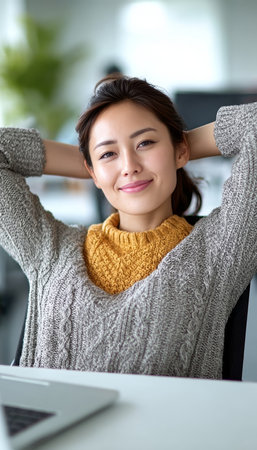Contented professional at work with relaxed posture, cheerful asian female worker at her laptopの素材