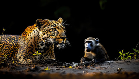 Leopard and Baboon Encounter A Tense Moment in the Wild as Predator Faces Off Against Preyの素材