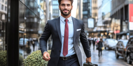 Confident Executive Commuting Through Urban Corridor Stylish Businessman Embracing City Successの素材