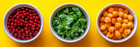 Colorful Bowls of Fresh Fruits and Vegetables on Bright Yellow Surface for Healthy Eating Lifestyleの素材