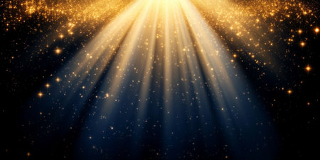 Golden Particle Overlay Beam on Black Background, Magical Light Beam and Sun Ray Vector Designの素材