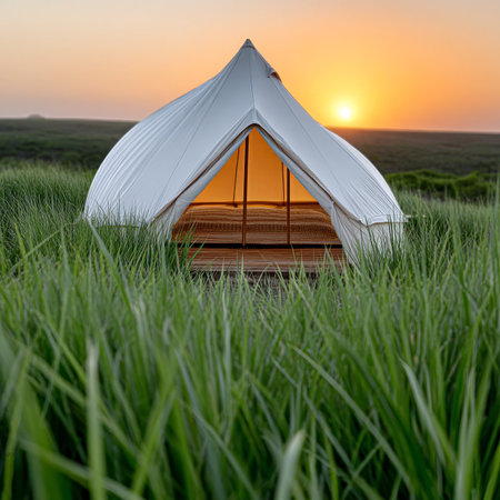 Idyllic Glamping at Sunset in a Meadow A Perfect Retreat for Nature Lovers and Adventurersの素材