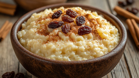 Indulgent Creamy Homemade Rice Pudding with Cinnamon and Raisins, Perfect for Holiday Gatheringsの素材