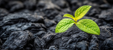 Resilient Green Sprout Emerges from Dark Debris, Symbolizing Hope and Growth Against All Oddsの素材