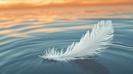 Serene Sunset Over a Calm Lake with a Single White Feather Gently Floating on the Water s Surfaceの素材
