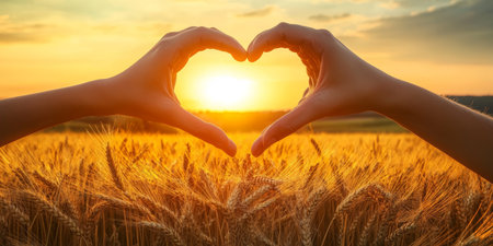 Romantic Love Amidst Golden Wheat Fields at Sunset with Heart Symbol Created by Hands Togetherの素材
