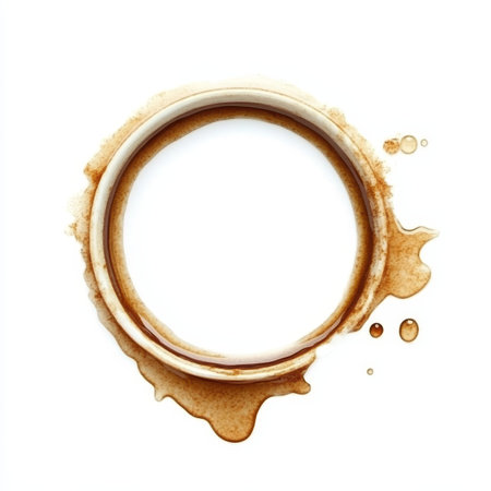 Coffee Stain Rings, Circular Brown Patches and Spatter from Cup, Isolated on White Backgroundの素材