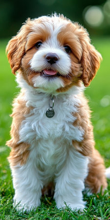 Adorable Cavoodle Puppy Sitting on Green Grass, Capturing the Essence of Playfulness and Joyの素材