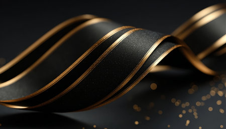 Elegant Black and Golden Ribbon with Stunning Wave Decoration for Luxury Background and Designの素材