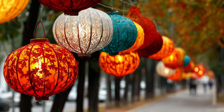 Beautiful glowing lanterns illuminate a tranquil street, creating a serene and festive atmosphere.の素材
