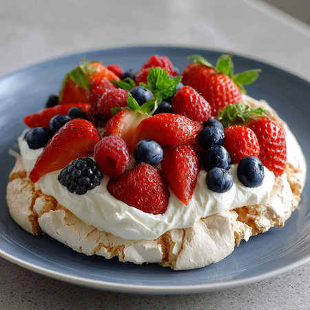 Delicious Pavlova Dessert with Whipped Cream and Fresh Strawberries, Raspberries, and Blueberriesの素材