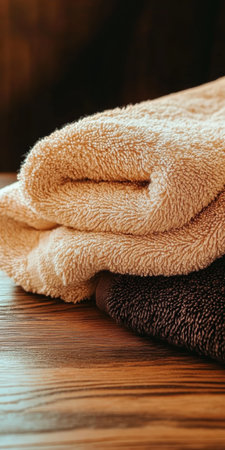Soft Textured Beige and Brown Towels Elegantly Stacked on Weathered Wood Surface for Cozy Relaxationの素材