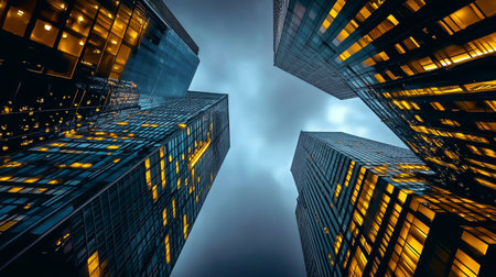 Stunning Low Angle View of Illuminated Skyscrapers at Night, Showcasing Modern Architectural Marvelsの素材