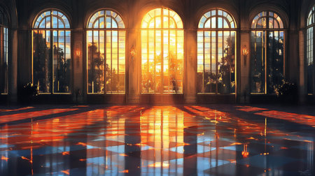 Elegant Grand Hall with City Sunset Sunlight Streaming through Arched Windows on Marble Floorの素材