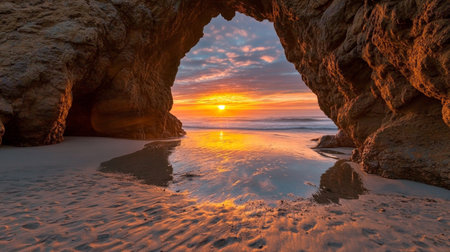 Stunning Coastal Landscape with Vibrant Sunset Through Rock Archway and Serene Beach Reflectionsの素材
