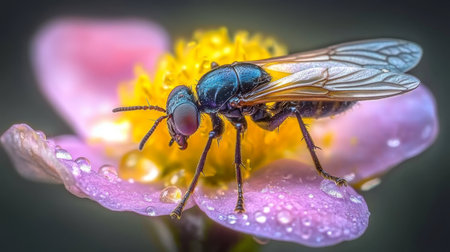 Macro Photography of an Iridescent Insect on Vibrant Flower Petals with Dew Drops Glimmeringの素材