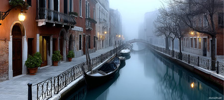 A Foggy Morning on the Canal in Venice Gondola Awaiting Passengers Amidst Architectural Beautyの素材