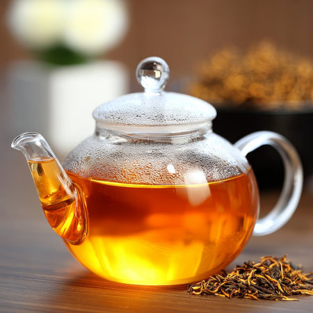 Elegant Glass Teapot Showcasing Delicate Brew, Capturing Light and Shadows of Flavorful Traditionsの素材