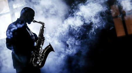 Sensual Silhouette of Musician Playing Saxophone in Fog and Darkness with Retro Tones and Vibesの素材