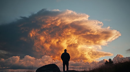 A Solitary Man Silhouetted Beneath a Stunning, Colorful Celestial Cloud Against a Starry Night Skyの素材