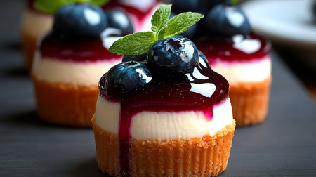Decadent Mini Cheesecakes with Blueberry Topping and Sweet Glaze for Delicious Dessert Experienceの素材