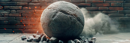 Granite Stone Ball Crashes Through Brick Walls, Creating Dust and Sparks in Slow Motion Displayの素材