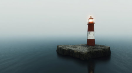 Serene Coastal Landscape Featuring a Majestic Lighthouse on Rocky Outcrop by the Calm Ocean Wavesの素材