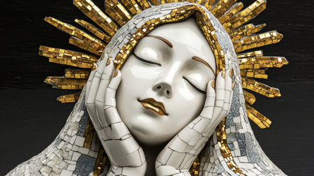 Serene Virgin Mary Mosaic Porcelain Art Meditative Holy Woman with Golden Halo and Closed Eyesの素材