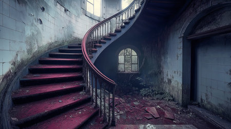 Intricate Abandoned Spiral Staircase with Grunge Aesthetics in a Dark Chamber of Lost Architectureの素材