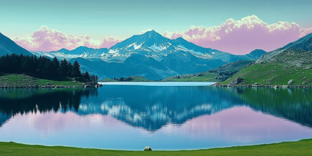 Stunning Mountain Range Reflected in a Serene Lake Surrounded by Lush Green Forests and Clear Skiesの素材
