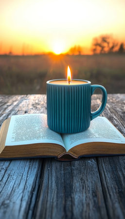 A cozy evening scene with a mug, candle, and open book on a wooden platform for quiet reflection.の素材
