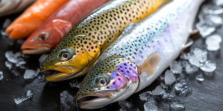 Vibrant Seafood Medley Displayed on Frosty Ice with Culinary Delights on Slate, Perfect for Dishesの素材