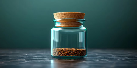 Airtight Glass Jar with Cork Lid Containing Small Sample of Granulate Material on Dark Surfaceの素材