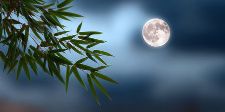 Bamboo Leaves Frame a Mystic Night with a Vivid Luna, Nature s Tranquility in Moonlight Blissの素材