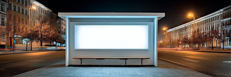 Illuminated Urban Advertisement Display at Night with a Modern Blank Billboard in Busy Locationの素材
