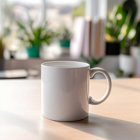 Minimalist White Ceramic Mug on Bright Modern Wood Work Desk Creating a Simple Indoor Workspaceの素材