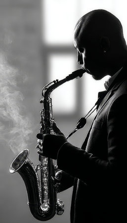 Mysterious Saxophonist Playing Soulful Jazz Music in Dimly Lit Room, Creating Enchanting Atmosphereの素材