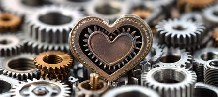 An Intricate Steampunk Robot Embracing a Heart-Shaped Cog Wheel with Gears Symbolizing Loveの素材