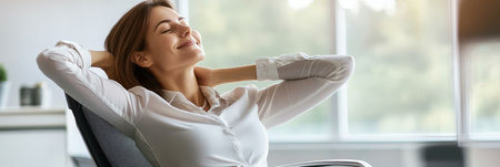 Calm Caucasian employee relaxes in ergonomic chair, enjoying stress relief and window view.の素材