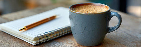 Calm Morning Workspace with Coffee Mug, Notebook, and Pen, Ideal for Inspiring Ideas and Relaxationの素材