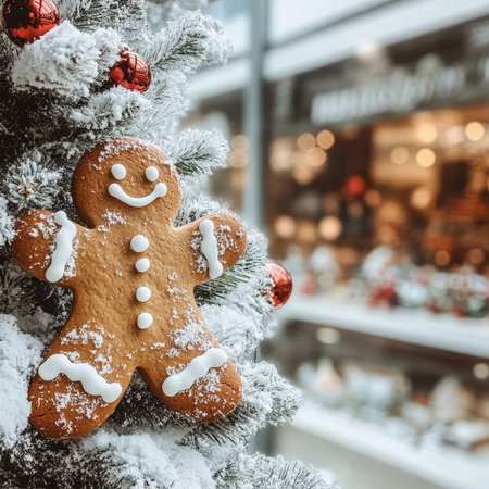 Joyful Gingerbread Man Ornament Decorated with Snowflakes on a Beautifully Adorned Christmas Treeの素材