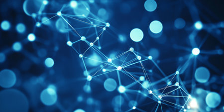 Abstract Network Connections Illustration with Blue Nodes and Lines in Digital Communicationの素材