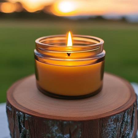 Amber Joy in a Glass Jar with Warm Light, Evening Charm, Gentle Candle, and Wood Slice Decorの素材
