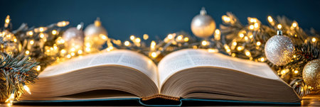 Open Book Surrounded by Festive Christmas Decor and Warm Lights Creating a Cozy Winter Atmosphereの素材