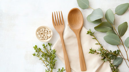 Elegant Still Life Arrangement Featuring Bamboo Cutlery, Fresh Herbs, Seeds, and Natural Texturesの素材