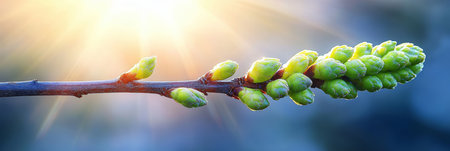 Sunlit Spring Branch Symphony. Awakening Burst Of Buds Dancing Harmony In Brilliant Seasonal Light.の素材