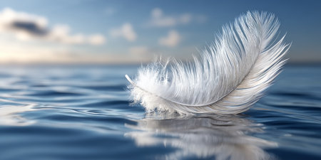 Delicate feather gracefully resting on calm water, reflecting serene nature and peaceful ocean wavesの素材